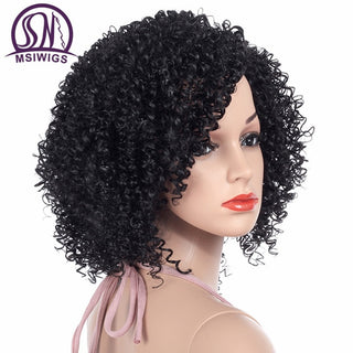 MSIWIGS 1b Black Afro Curly Wigs for Women Side Part Synthetic Short Hair Wig Heat Resistant America Hair