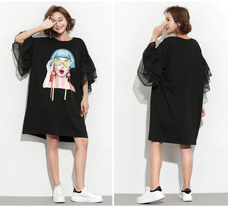 XITAO Splice Ribbon Cartoon Pattern Dress Women Puff Mesh Sleeve  Casual Party Black Dress Korean Style Summer DLL2106