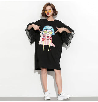 XITAO Splice Ribbon Cartoon Pattern Dress Women Puff Mesh Sleeve  Casual Party Black Dress Korean Style Summer DLL2106