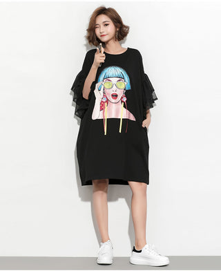 XITAO Splice Ribbon Cartoon Pattern Dress Women Puff Mesh Sleeve  Casual Party Black Dress Korean Style Summer DLL2106