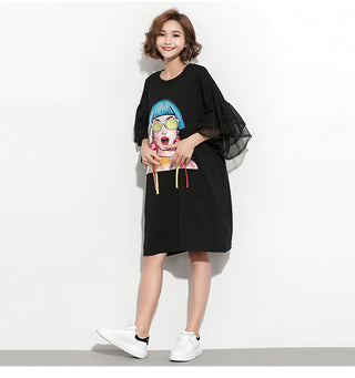 XITAO Splice Ribbon Cartoon Pattern Dress Women Puff Mesh Sleeve  Casual Party Black Dress Korean Style Summer DLL2106