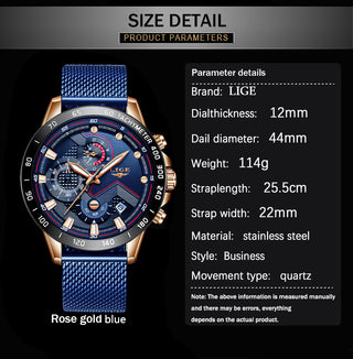 LIGE Men Watches Top Brand Luxury Stainless Steel Blue Waterproof Quartz Watch Men Fashion Chronograph Male Sport Military Watch