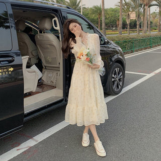V-neck Elegant Sweet Dress Women Long Sleeve Chiffon Floral Dress Party Beach Dress for Females Korean Style 2021 Summer Chic ALODIA STORE