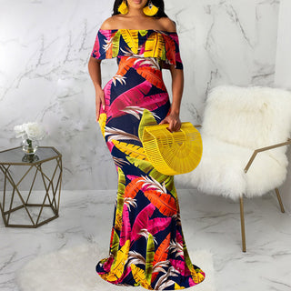 Sunflower Print Off Shoulder Maxi Dress Women Strapless Slash Neck Casual Long Dresses