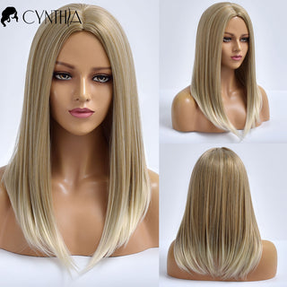 Blonde Ombre Long Straight Gold Synthetic Wig With Bangs For Black White Women Heat Resistant Fiber Daily Hair Cosplay Wigs