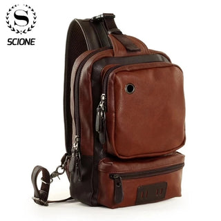 Scione Men Leather Backpacks Waterproof Chest Crossbody Bags Fashion Outdoor Business Casual Bag With Earphone Hole