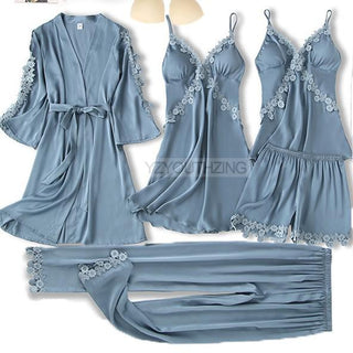 5PCS Robe Suit Satin Women Nightwear Lace Kimono Gown Bridal Wedding Bathrobe Set Sexy Pajamas V-Neck Sleepwear Lounge Lingerie