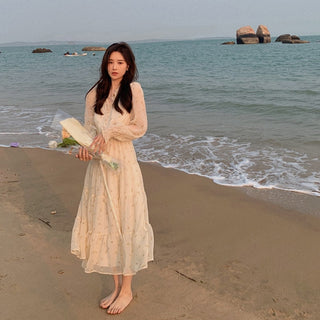 V-neck Elegant Sweet Dress Women Long Sleeve Chiffon Floral Dress Party Beach Dress for Females Korean Style 2021 Summer Chic ALODIA STORE