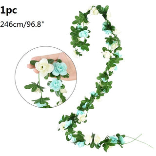 Guirnalda de fulles d'heura de vinya de flors artificials de glicines, flors de roses de seda, vinya de corda de vímet, flor d'arc de casament, decoració del jardí de la llar