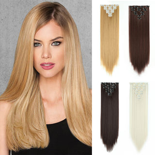 24Inchs 16 Clips in Hair Extensions Long Straight Hairstyle Synthetic Blonde Black Hairpieces Heat Resistant False Hair