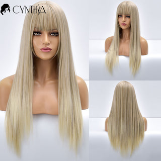 Blonde Ombre Long Straight Gold Synthetic Wig With Bangs For Black White Women Heat Resistant Fiber Daily Hair Cosplay Wigs