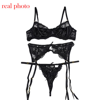 Ellolace Lace Lingerie Embroidery Women&#39;s Underwear Transparent Erotic Push Up Bra And Panty Set Black Fancy Garters Intimate