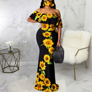 Sunflower Print Off Shoulder Maxi Dress Women Strapless Slash Neck Casual Long Dresses