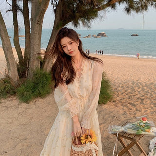 V-neck Elegant Sweet Dress Women Long Sleeve Chiffon Floral Dress Party Beach Dress for Females Korean Style 2021 Summer Chic ALODIA STORE