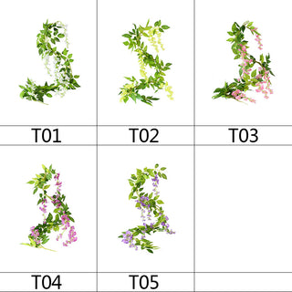 Guirnalda de fulles d'heura de vinya de flors artificials de glicines, flors de roses de seda, vinya de corda de vímet, flor d'arc de casament, decoració del jardí de la llar