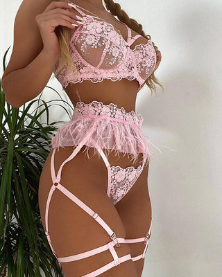 Ellolace Feather Sexy Lingerie Women&#39;s Underwear Set Woman 3 Pieces Women Sets Lingerie Sexy Push up Sensual Lingerie Woman