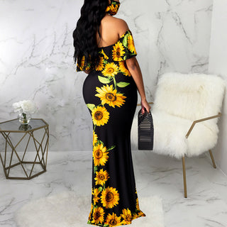 Sunflower Print Off Shoulder Maxi Dress Women Strapless Slash Neck Casual Long Dresses