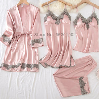 4PCS Satin Sleepwear Lady Pajamas Suit Nighty&amp;Robe Set Sexy Intimate Lingerie Casual Bridal Wedding Gift Homewear Nightgown