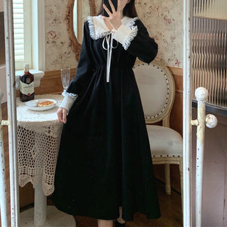 Vintage Dress Women Sweet Lace Peter Pan Collar French Elegant Long Sleeve Lace-Up Fairy One Piece Dress Korean 2021 Autumn Chic ALODIA STORE