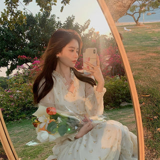 V-neck Elegant Sweet Dress Women Long Sleeve Chiffon Floral Dress Party Beach Dress for Females Korean Style 2021 Summer Chic ALODIA STORE