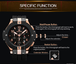 MEGIR Brand Men Watch Quartz Watch Gold Rubber Band 3ATM Water Resistant Chronograph Mens Quartz Wrist Watch