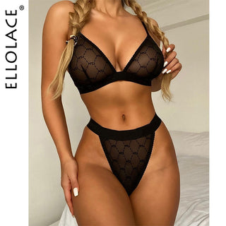 Ellolace Sexy Lingerie Set Woman 2 Pieces Mesh Bra and Thongs Black Brief Sets Women&Underwear Wireless Lingerie Sexy