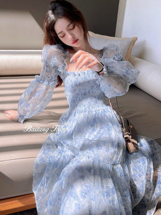 2023 Summer Lace Elegant Midi Dress Women Puff Sleeve Square Collar Boho Beach Floral Dress Female Party One Piece Dress Korean ALODIA STORE