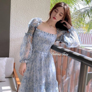 2023 Summer Lace Elegant Midi Dress Women Puff Sleeve Square Collar Boho Beach Floral Dress Female Party One Piece Dress Korean ALODIA STORE