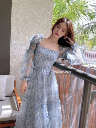 2023 Summer Lace Elegant Midi Dress Women Puff Sleeve Square Collar Boho Beach Floral Dress Female Party One Piece Dress Korean ALODIA STORE