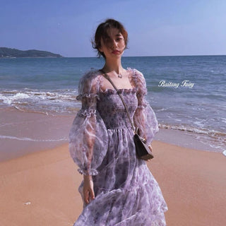 2023 Summer Lace Elegant Midi Dress Women Puff Sleeve Square Collar Boho Beach Floral Dress Female Party One Piece Dress Korean ALODIA STORE