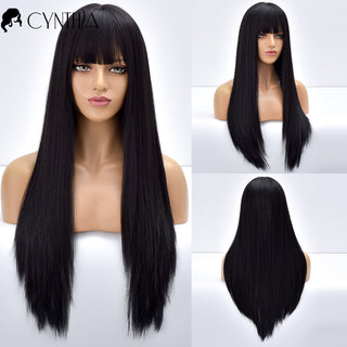 Blonde Ombre Long Straight Gold Synthetic Wig With Bangs For Black White Women Heat Resistant Fiber Daily Hair Cosplay Wigs