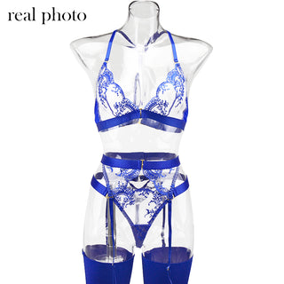 Echonight Sexy Women's Underwear Transparent Lingerie Embroidery Wireless Bra and Panty Set with Thongs Blue Lace Erotic Sets