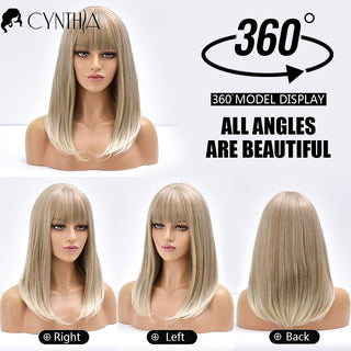 Blonde Ombre Long Straight Gold Synthetic Wig With Bangs For Black White Women Heat Resistant Fiber Daily Hair Cosplay Wigs