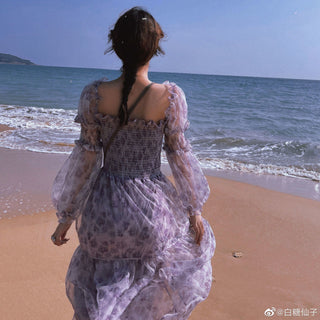 2023 Summer Lace Elegant Midi Dress Women Puff Sleeve Square Collar Boho Beach Floral Dress Female Party One Piece Dress Korean ALODIA STORE