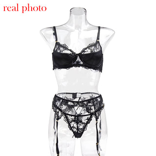 Ellolace Lace Lingerie Embroidery Women&#39;s Underwear Transparent Erotic Push Up Bra And Panty Set Black Fancy Garters Intimate