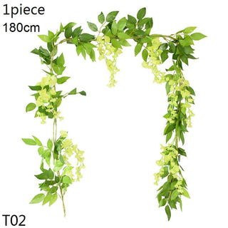 Guirnalda de fulles d'heura de vinya de flors artificials de glicines, flors de roses de seda, vinya de corda de vímet, flor d'arc de casament, decoració del jardí de la llar