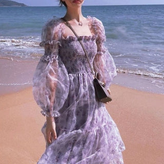 2023 Summer Lace Elegant Midi Dress Women Puff Sleeve Square Collar Boho Beach Floral Dress Female Party One Piece Dress Korean ALODIA STORE