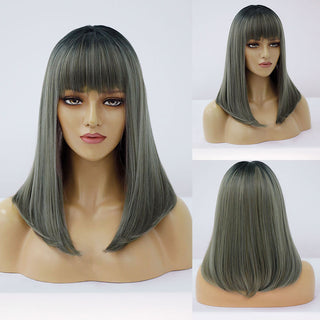 Blonde Ombre Long Straight Gold Synthetic Wig With Bangs For Black White Women Heat Resistant Fiber Daily Hair Cosplay Wigs