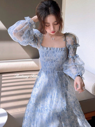 2023 Summer Lace Elegant Midi Dress Women Puff Sleeve Square Collar Boho Beach Floral Dress Female Party One Piece Dress Korean ALODIA STORE