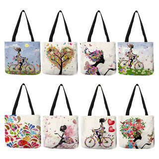 Wishing Girl Print Linen Reusable Shopping Bags