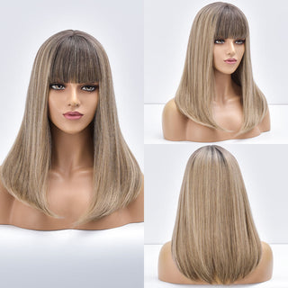 Blonde Ombre Long Straight Gold Synthetic Wig With Bangs For Black White Women Heat Resistant Fiber Daily Hair Cosplay Wigs