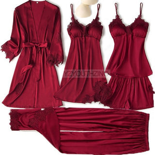 5PCS Robe Suit Satin Women Nightwear Lace Kimono Gown Bridal Wedding Bathrobe Set Sexy Pajamas V-Neck Sleepwear Lounge Lingerie