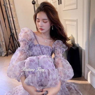 2023 Summer Lace Elegant Midi Dress Women Puff Sleeve Square Collar Boho Beach Floral Dress Female Party One Piece Dress Korean ALODIA STORE