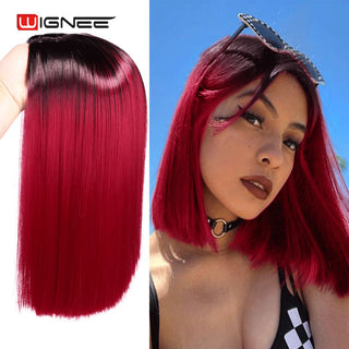 Wignee Straight Short Hair Synthetic Wigs For Women Heat Resistant Ombre Daily Soft Hair Glueless Daily Fiber Wigs Red Hair