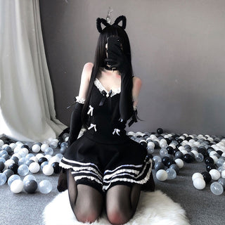 Woman Sexy Lingerie Maid Cosplay Costumes Cute Black Dress and Thong Anime School Girl Gothic Outfit with Hat and Glove