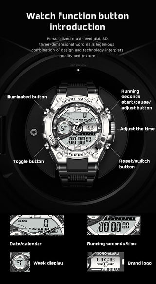 LIGE Digital Men Military Watch 50m Waterproof Wristwatch LED Quartz Clock Sport Watch Male Big Watches Men Relogios Masculino ALODIA STORE