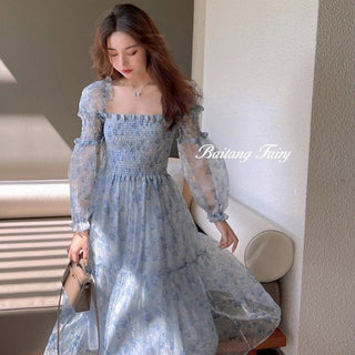 2023 Summer Lace Elegant Midi Dress Women Puff Sleeve Square Collar Boho Beach Floral Dress Female Party One Piece Dress Korean ALODIA STORE