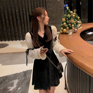 Vintage Mini Dress Lolita Women 2023 Autumn Lace Bow Velvet Evening Party Dress Female Y2k Casual Kawaii One Piece Dress Korean ALODIA STORE