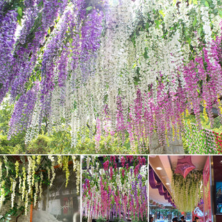 Guirnalda de fulles d'heura de vinya de flors artificials de glicines, flors de roses de seda, vinya de corda de vímet, flor d'arc de casament, decoració del jardí de la llar