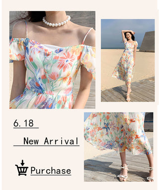 V-neck Elegant Sweet Dress Women Long Sleeve Chiffon Floral Dress Party Beach Dress for Females Korean Style 2021 Summer Chic ALODIA STORE